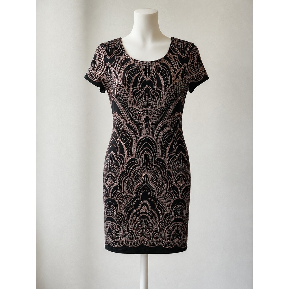 Jump Apparel Rose Gold Glitter Art Deco Bodycon Mini Dress Black Short Sleeve M